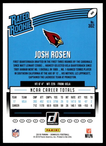 2018 Donruss #302 Josh Rosen RC Arizona Cardinals - Bild 2 von 2