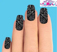 Waterslide Full Nail Decals - Set of 10 Bandana Black Patchwork Paisley