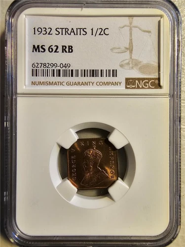 Straits Settlements 1/2 Cent 1932 NGC MS 62 RB