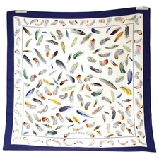Hermes Carre 90 Feather Motif 100% Silk Square Scarf Navy Made in France NO tag