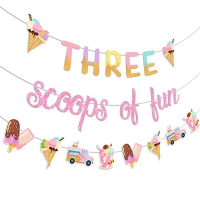 Jollyboom Three Scoops of Fun Banner Ice Cream 3rd Birthday Party Decoration ...