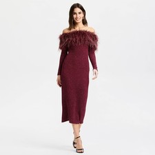 Women's Long Sleeve Faux Fur Off the Shoulder Midi Dress - A