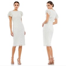 Mac Duggal 10827 Floral Beaded Jewel Neckline Ruffle Midi Dress White Size 24