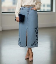 Cottagecore Women's Embroidered Denim Midi Skirt by Eddie Bauer - Size 10 Petite