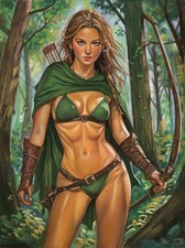 original drawing 30 x 40 cm 10AG artwork pastel modern woman forest hunter