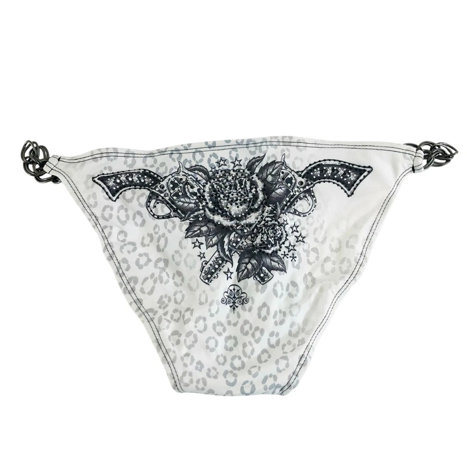 Sinful by Affliction Bikini Bottom Chain Roses Leopard Pistol Rhinestone White L - Image 2 of 4