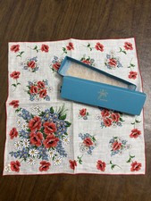 New Vintage Poppies  Daisies Linen Hanky Burmel Sticker w Burdines Tag  Box