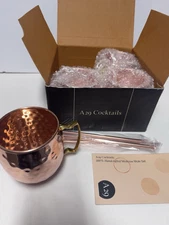 Set of 4 Copper Hammered Moscow Mule Mug Brass Handle 18 Oz Cup W/Copper Straws