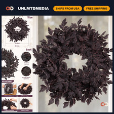 24" Fall Wreath for Front Door - Autumn Decor with Plum Leaves  Halloween Touch