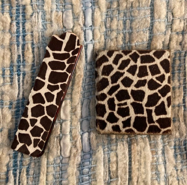 faux giraffe skin compact and comb set, vintage 1960