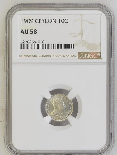 Ceylon 10 Cents 1909 NGC AU 58