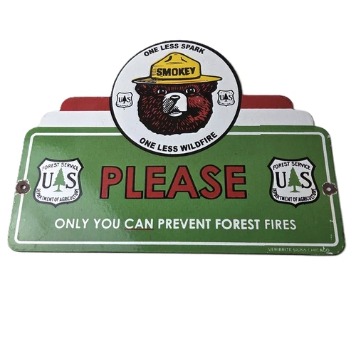 Vintage Forest Service Sign - Smokey Bear Please Prevent Gas Porcelain Sign