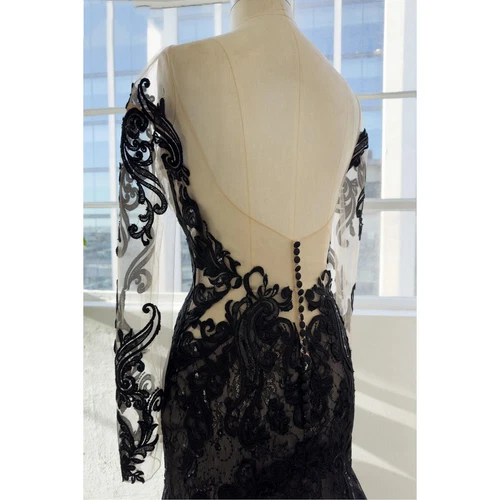 Gothic Mermaid Wedding Dresses Long Sleeves Black Lace With Train Bridal Gowns - Picture 5 of 8