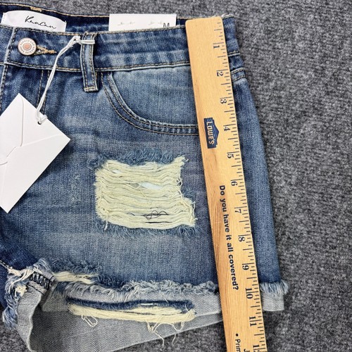 NEW Kan Can Shorts Womens Medium Blue Denim Raw Hem Distress Cuff Mid Rise - Picture 12 of 13