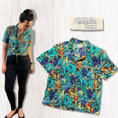 Fab Flora Vintage 80s Rainforest Leaves Button Down Top Shirt Fundamental Things