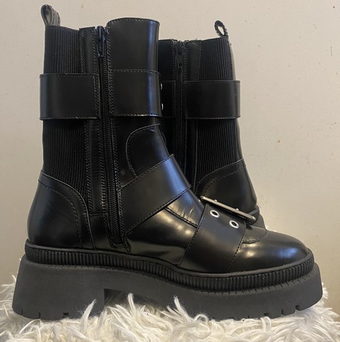 Stivaletti metà polpaccio nuovi ASOS Design in pelle nera suola grossa fibbia £ 85 UK 6 - Foto 11 di 14