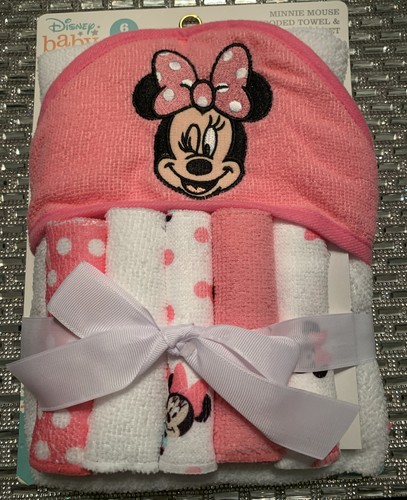 Disney Baby Girls' Minnie Mouse Hooded Towel & Washcloth Set 6 Pack NWT - Picture 1 of 7