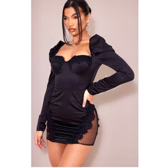 NWT PRETTY LITTLE THING Lace Bustier Long Sleeve Mini Dress Black satin  size 8 | eBay