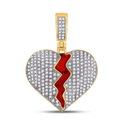 0.75ctw Diamond Broken Heart Enamel Pendant 10K Yellow Gold 1.2''
