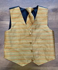 Boys Suit Vest  Tie Set 3T Gold Orange Striped Metallic Dressy Button Up