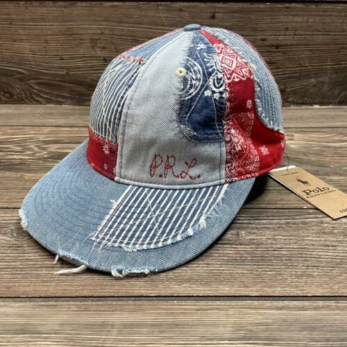 Polo Ralph Lauren Patchwork Distressed Denim Cap Bandana blau Mütze verstellbar neu mit Etikett
