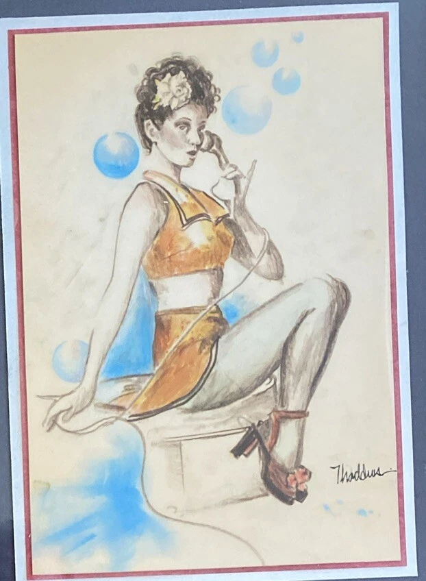 Pintura artística original Thadeus niña pinup--firmada, burbujas MCM Foto 2 de 4