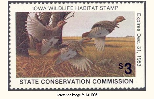 HALFPRICEHUNT Iowa Hunting Stamp 1983 $3 (grouse) - Picture 1 of 1
