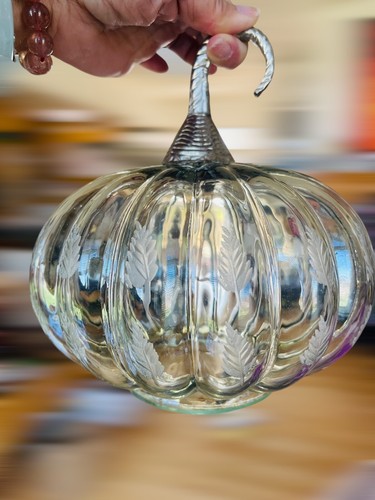 Leaves Design On Clear Glass Pumpkin Table Decor with Silver Stem 8” Transparent - Picture 2 of 10