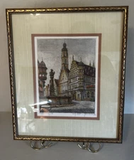 Rothenburg Tauber Etching Print Signed Geissendorfer Framed & Mat 12x14 Picture