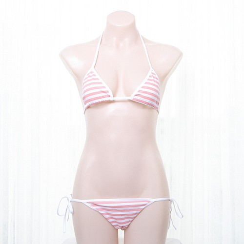 Sexy Anime Style Stripe Lingerie Bra Set String Tie Cosplay Bikini Sukumizu - Picture 14 of 21