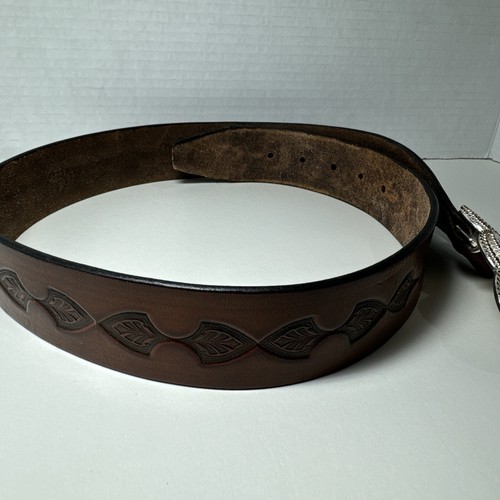 Montana Silversmith Silver Plate Double Hearts Belt Buckle Leather Belt Size 34 - Picture 4 of 9