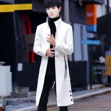 Men Long Windbreaker Handsome Knee-high Mid-length Coat Thickened Leather Jacket