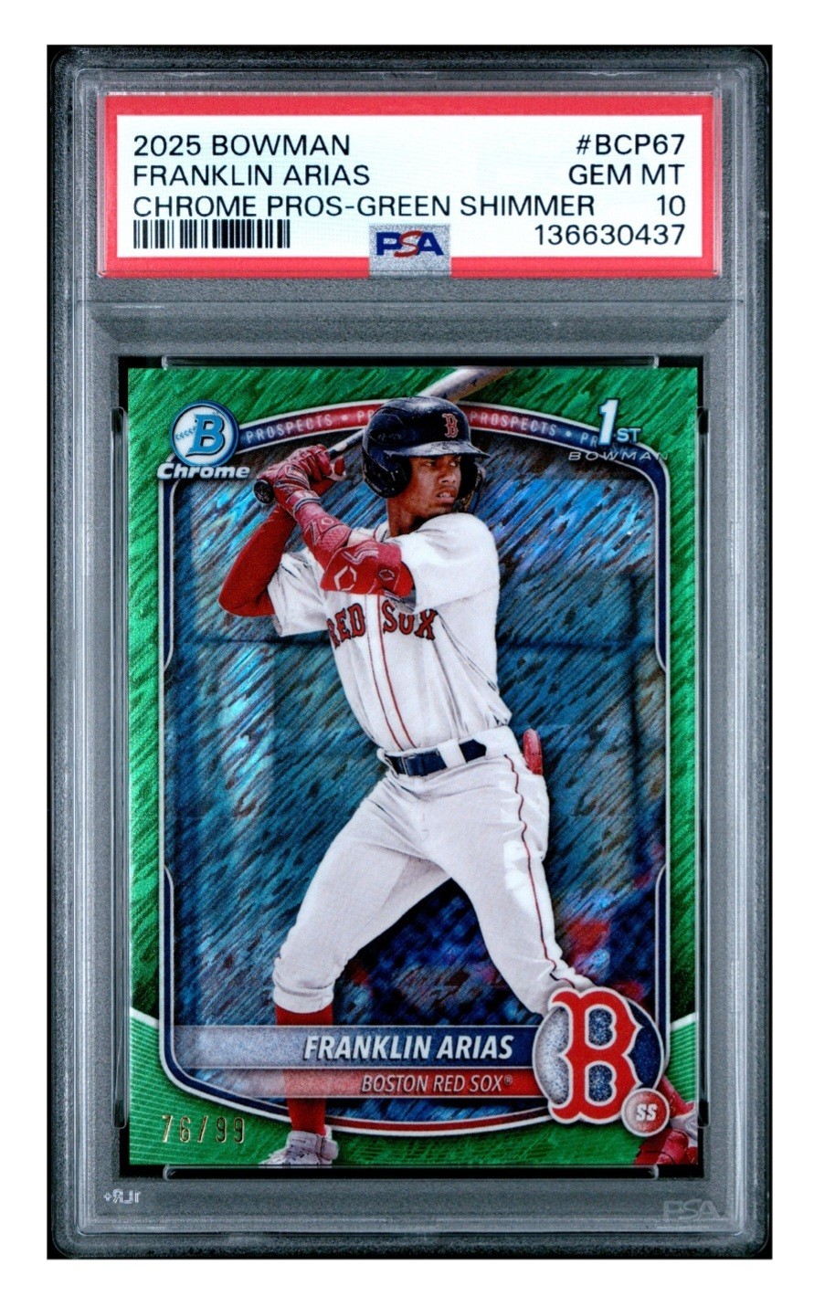 2025 BOWMAN CHROME PROSPECTS #BCP67 FRANKLIN ARIAS GREEN SHIMMER /99 PSA 10