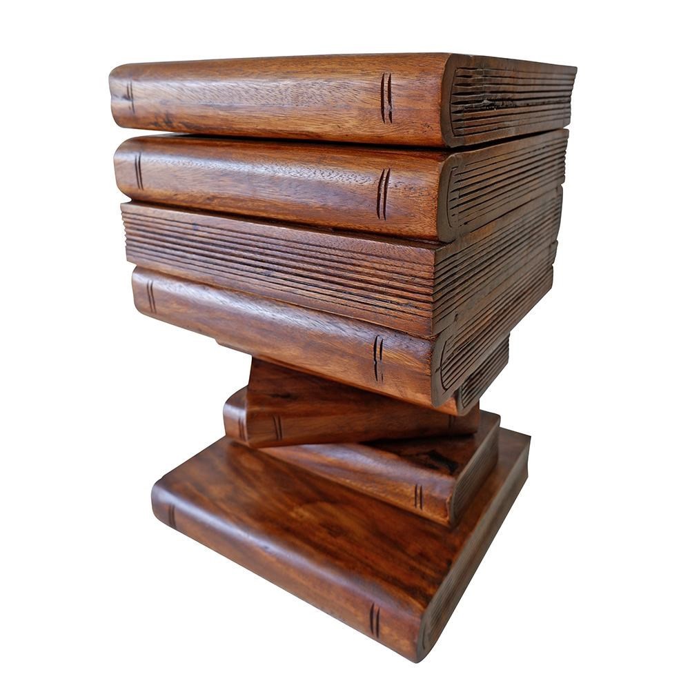 Carved Wood Stacked Book Stool Trunk Storage Space Table Side Wooden Lamp Stand