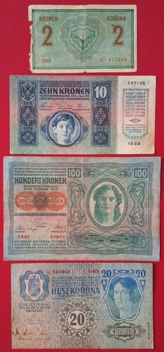 100 Kronen 1912 Austria 10 Korona 1915 2 Korona 1914 20 Kronen 1913 BANKNOTES - Picture 4 of 7