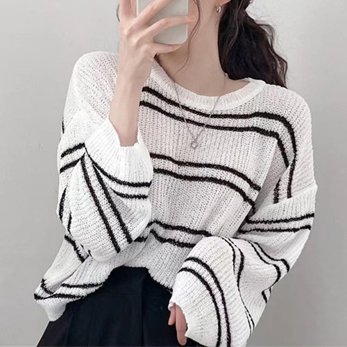 Casual Womens Long Sleeve Sweater with Stripes Perfect for Daily Outfits - Picture 6 of 14