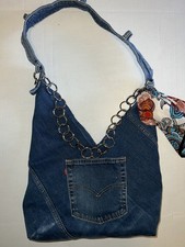Upcycled Levi's Denim Jeans Boho Hippe Bag Purse With Pockets, Bandana and Chain