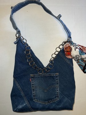 Upcycled Levi's Denim Jeans Boho Hippe Bag Purse With Pockets, Bandana and Chain