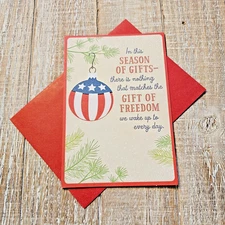 Hallmark Christmas Greeting Card Freedom Red White Blue Ornament Pine 5x7