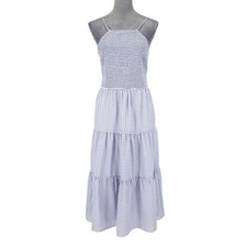 Lulus Dress Womens Large Maxi White Blue Seersucker Halter Smocked Open Back