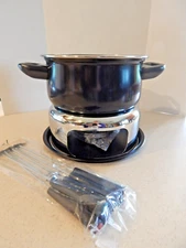 Fondue Pot Set ALUMINUM w/Burner & Drip Tray and Forks