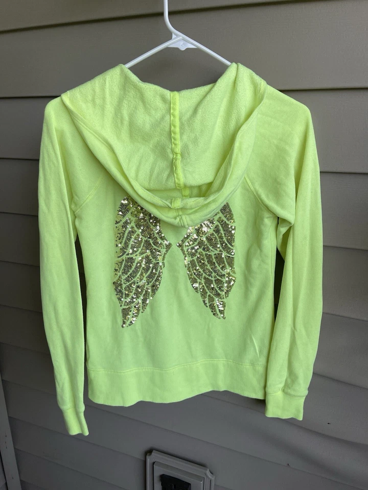 Толстовка с капюшоном на молнии Victoria's Secret неоновые желтые блестки ангельские крылья снята с производства - Изображение 2 из 4