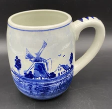 Vintage Delft Blauw Holland Hand Painted Blue Windmill Coffee Tea Mug Signed