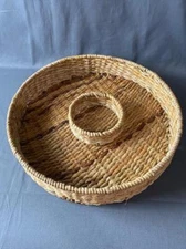Round Tan Chip and Dip Server Wicker Woven Baskets Table Top Wicker Bohemian jl