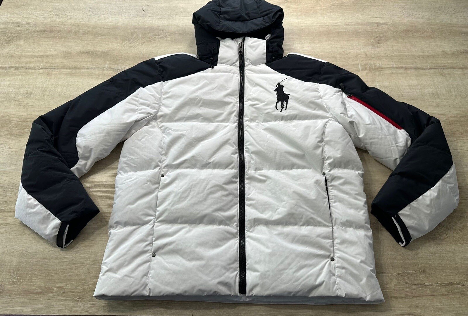 Polo Ralph Lauren uomo B&T giacca cappotto nero bianco LT grande pony cappuccio puffer