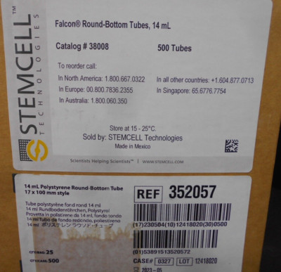 Falcon Ref: 352057 Polystyrene Round Bottom Tubes 14ml