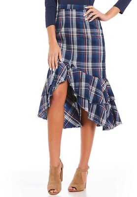 New Reba Nashville Star Plaid Blue Midi Ruffle Skirt size 10 Medium
