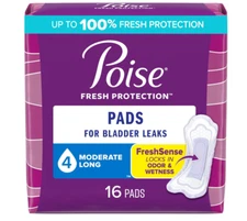 Poise Incontinence Pads for Women, 4 Drop Moderate Absorbency, Long Length,16.pc