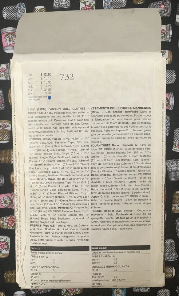 *OOP* Vogue Craft 732 Linda Carr Historical Clothes For 11 1/2 Inch Doll UC/FF - Image 2 of 4