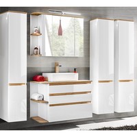 BadmöBel Badezimmer Set Weiß Hochglanz Waschtisch Led Spiegelschrank Hochschrank